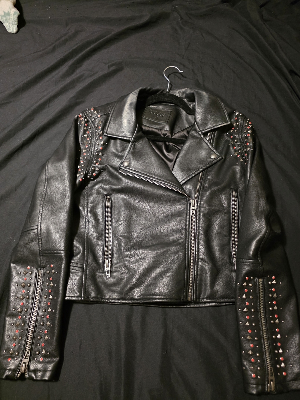 Blank NYC Black Leather Studded Moto Jacket with Red Accent Studs